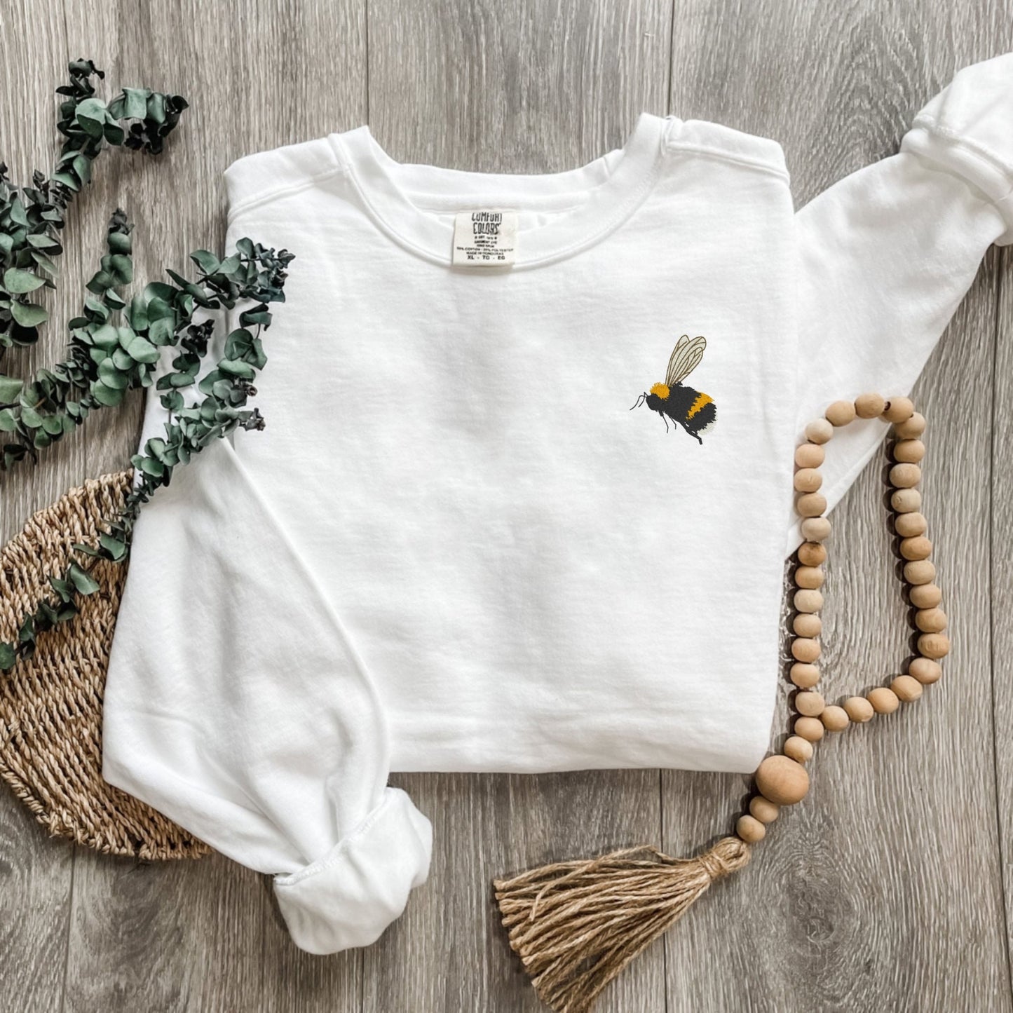 Embroidered Bumblebee Sweatshirt: Vintage Garment-Dyed Honeybee Crewneck