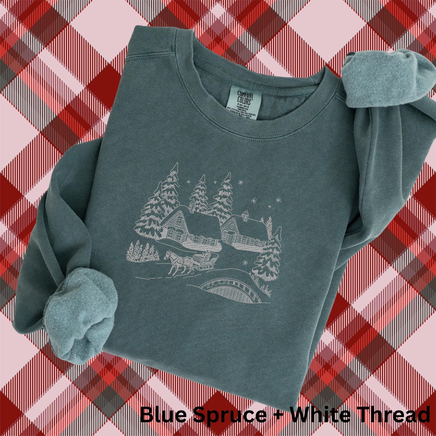Embroidered Winter Scene Crewneck Sweatshirt: Stitched Christmas Village Pigment-Dyed Pullover