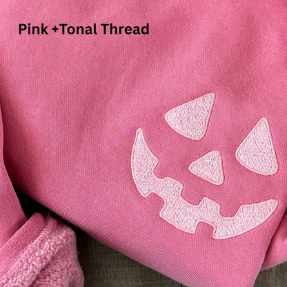 Youth Unisex Embroidered Pumpkin Face Hoodie: Pigment Dyed Halloween Pullover