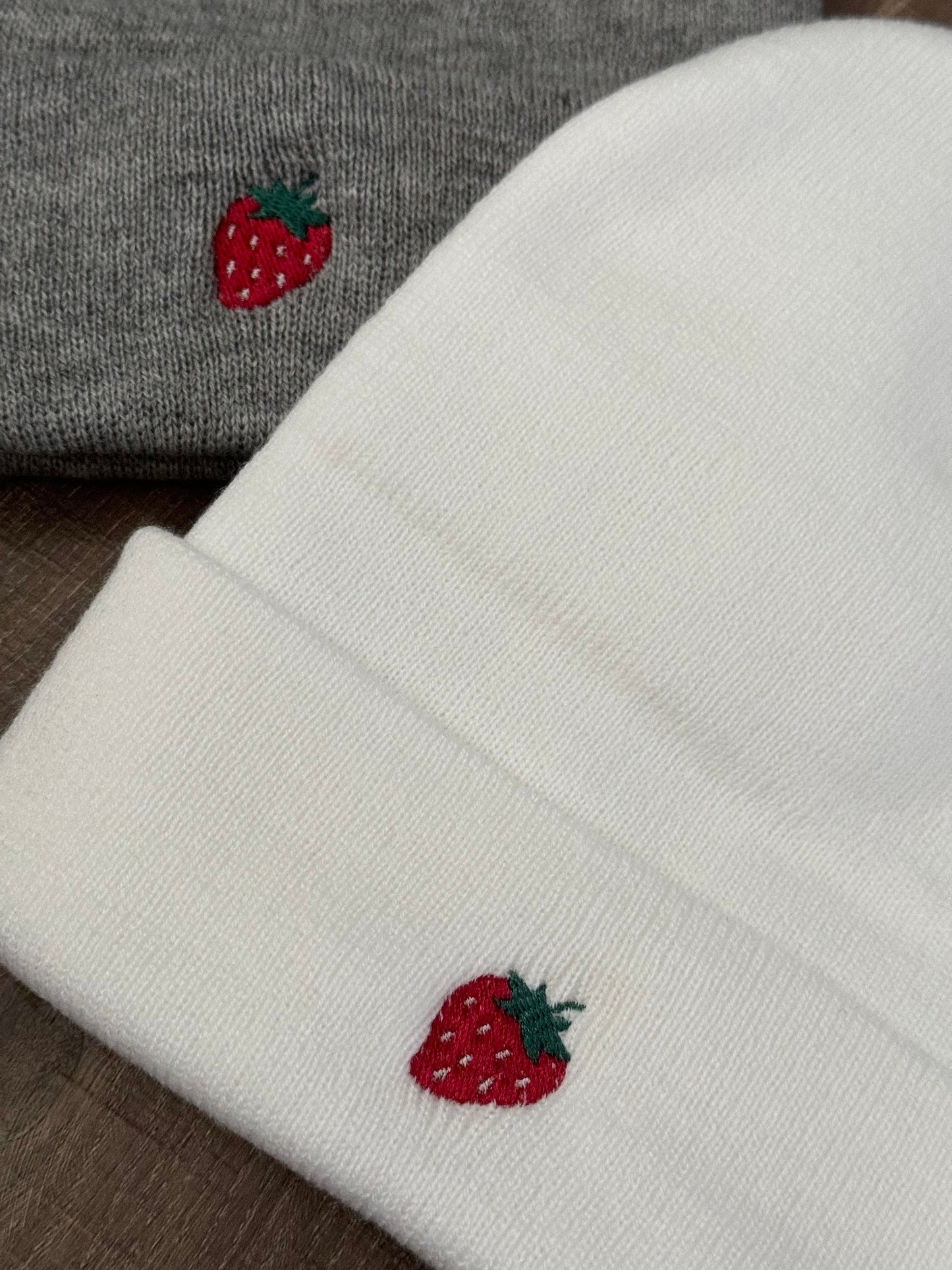 Embroidered Strawberry Beanie: Mini Fruit Skull Hat