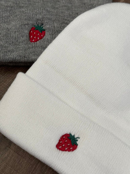 Embroidered Strawberry Beanie: Mini Fruit Skull Hat