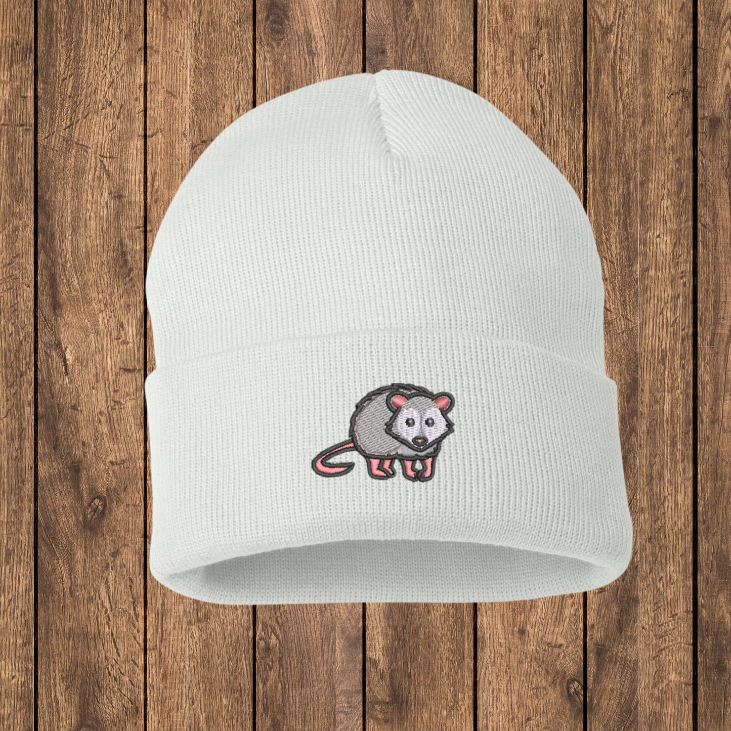 Embroidered Opossum Beanie: Woodland Animal Knit Hat
