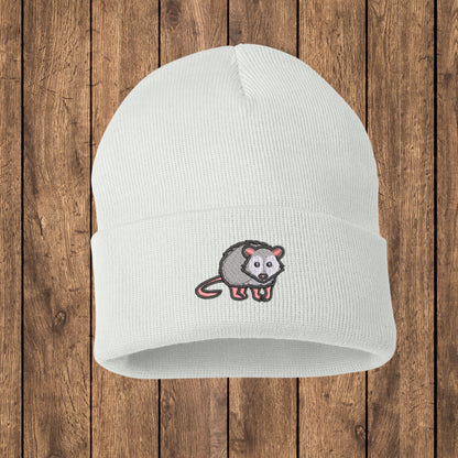Embroidered Opossum Beanie: Woodland Animal Knit Hat