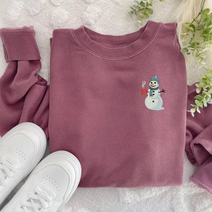 Embroidered Coffee Drinking Snowman Crewneck Sweatshirt: Trendy High Quality Pigment Dyed Pullover