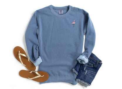 Embroidered Beach Flamingo Pigment Dyed Crewneck Sweatshirt