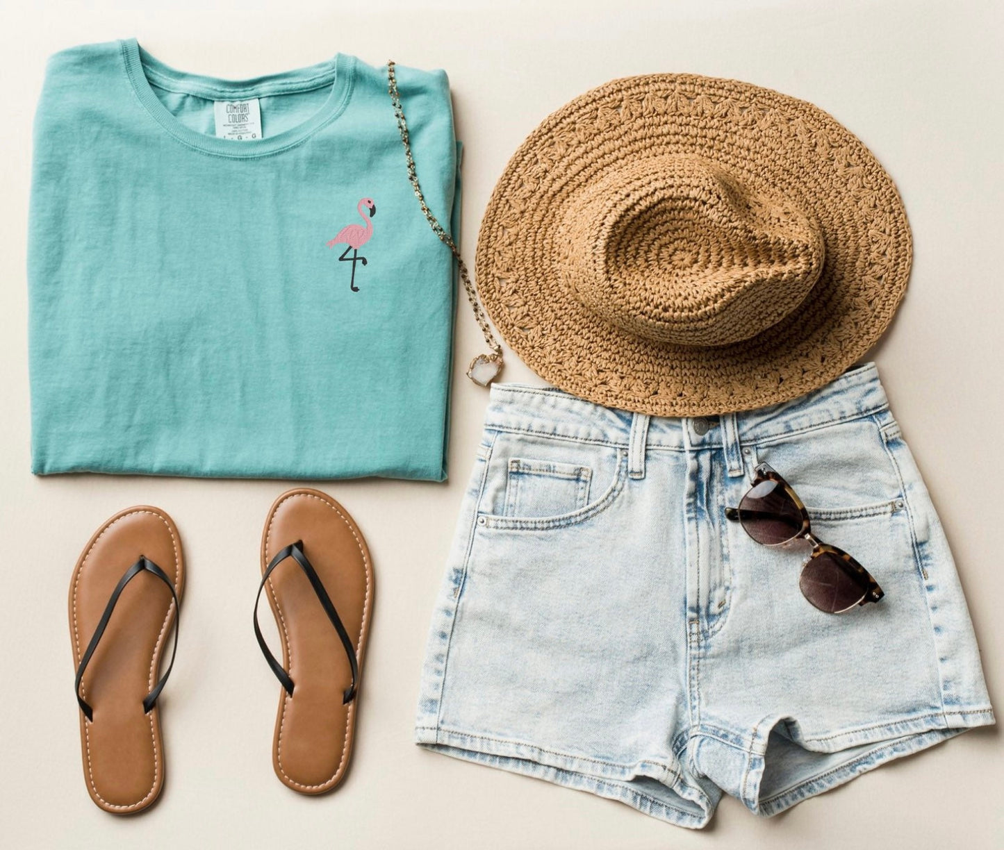 Embroidered Flamingo T-shirt: Tropical Beach Top