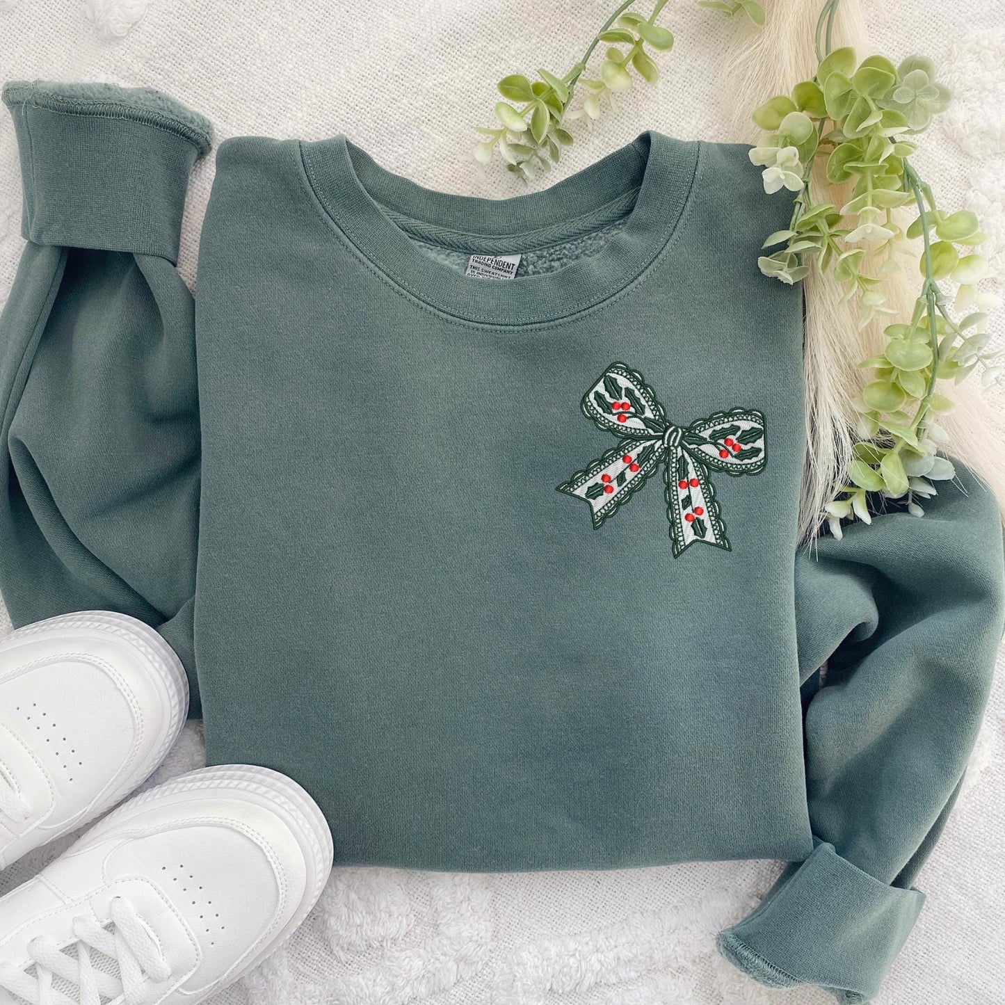 Embroidered Lacy Holly and Berries Bow Pigment Dyed Crewneck Sweatshirt