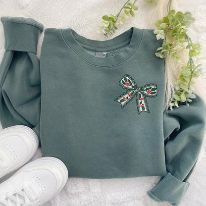 Embroidered Lacy Holly and Berries Bow Pigment Dyed Crewneck Sweatshirt