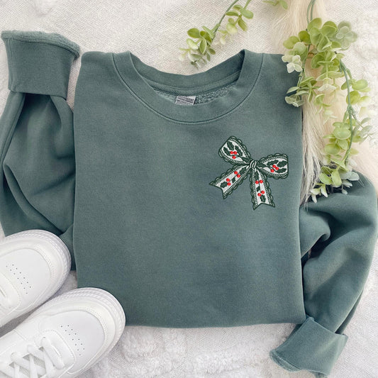 Embroidered Lacy Holly and Berries Bow Pigment Dyed Crewneck Sweatshirt