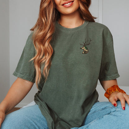 Embroidered Camo Buck T-shirt: Hunter Wildlife Tee