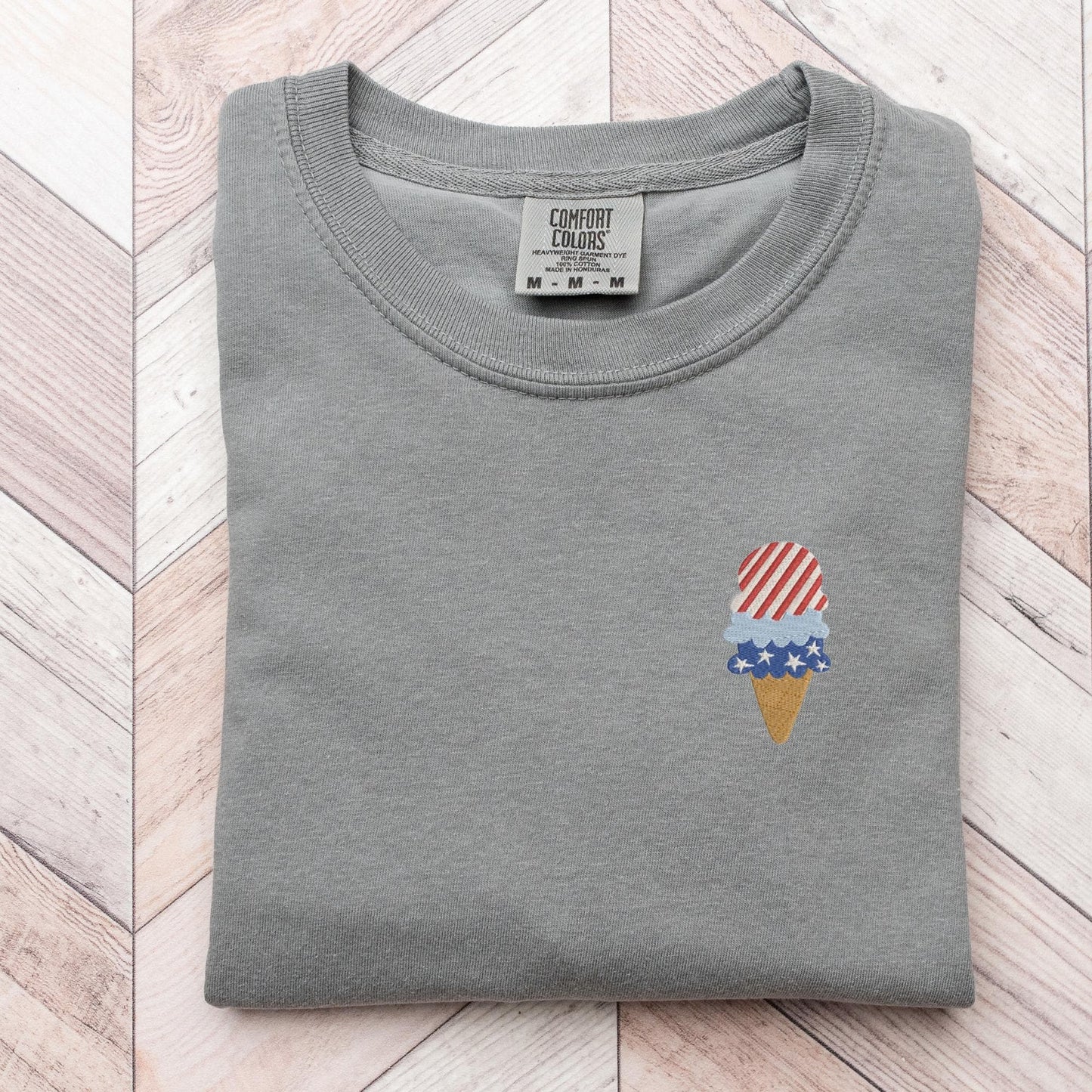 Embroidered 4th of July T-shirt: Red, White, and Blue Ice Cream Cone