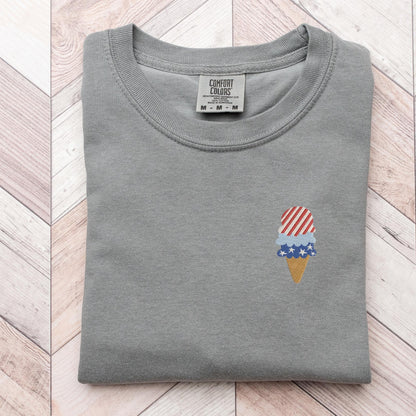 Embroidered 4th of July T-shirt: Red, White, and Blue Ice Cream Cone