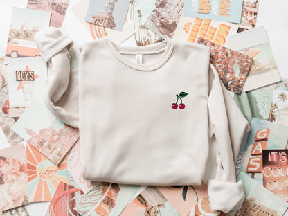 Embroidered Cherry Crewneck Sponge Fleece Sweatshirt, Women’s Mini Stitched Fruit Sweater, Cherry Lover