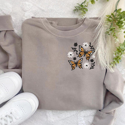 Embroidered Monarch Butterfly Sweatshirt: Pigment-Dyed Cotton Crewneck