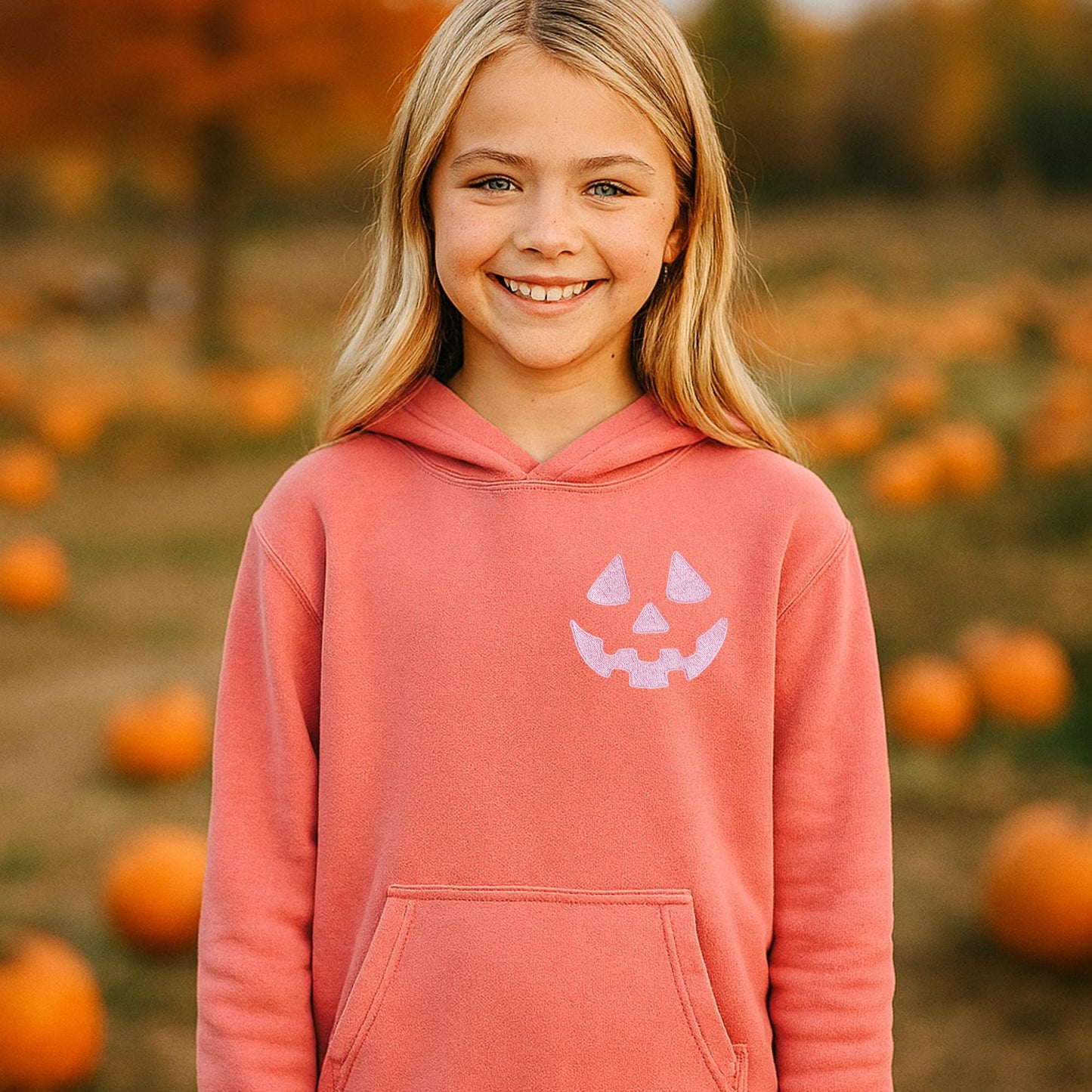 Youth Unisex Embroidered Jack O' Lantern Face Hoodie: Pigment Dyed Halloween Pullover