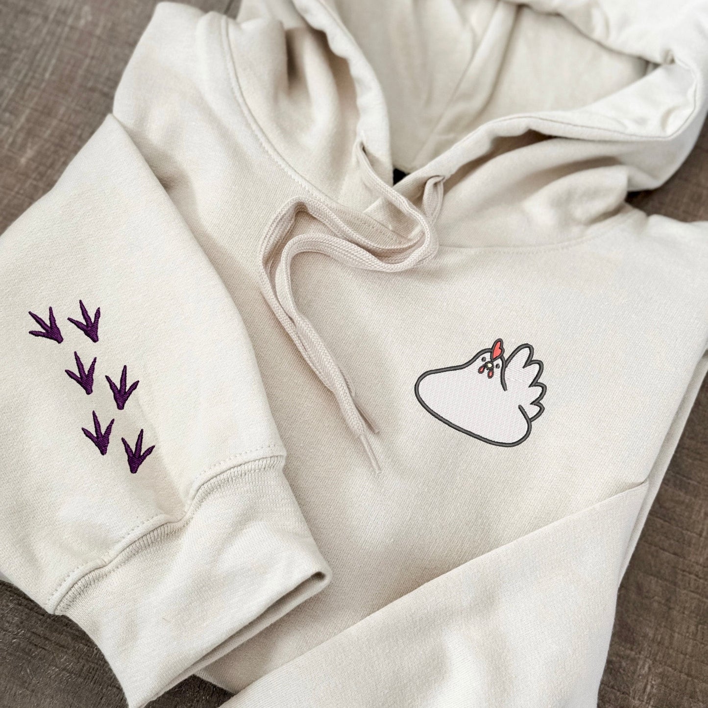 Embroidered Chicken Hoodie: Footprint Sleeve, Chicken Lover Gift