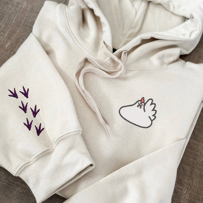 Embroidered Chicken Hoodie: Footprint Sleeve, Chicken Lover Gift