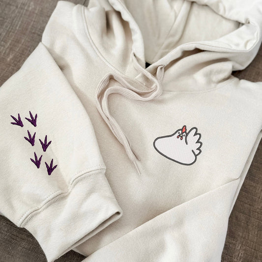 Embroidered Chicken Hoodie: Footprint Sleeve, Chicken Lover Gift