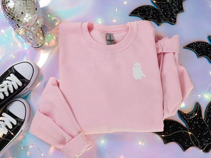 Viral Pink Ghost Embroidered Sweatshirt, Trendy Pink and White Ghost Blanket Crewneck Sweater, Halloween Ghost Pullover, Spooky Season