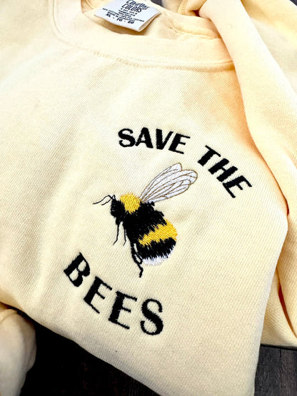 Embroidered Save the Bees Pigment Dyed Crewneck Sweatshirt: Nature Inspired Bumble Bee Pullover