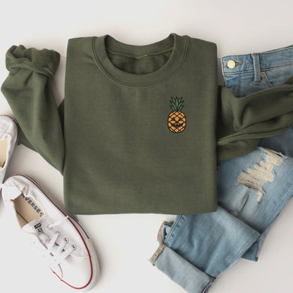 Embroidered Pineapple Jack O' Lantern Face Crewneck Sweatshirt: Spooky Halloween Pullover