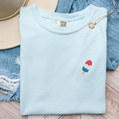 Embroidered Popsicle 4th of July T-Shirt: Pigment Dyed Patriotic Tee