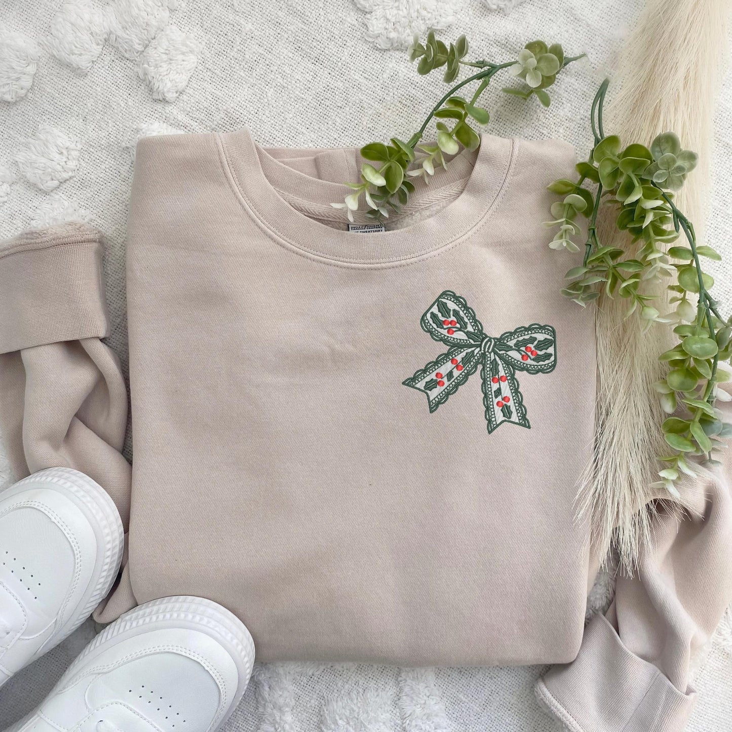 Embroidered Lacy Holly and Berries Bow Pigment Dyed Crewneck Sweatshirt