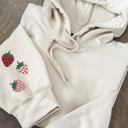 Embroidered Minimalist Strawberry Sleeve Hoodie: Cozy Mini Fruit Sweatshirt