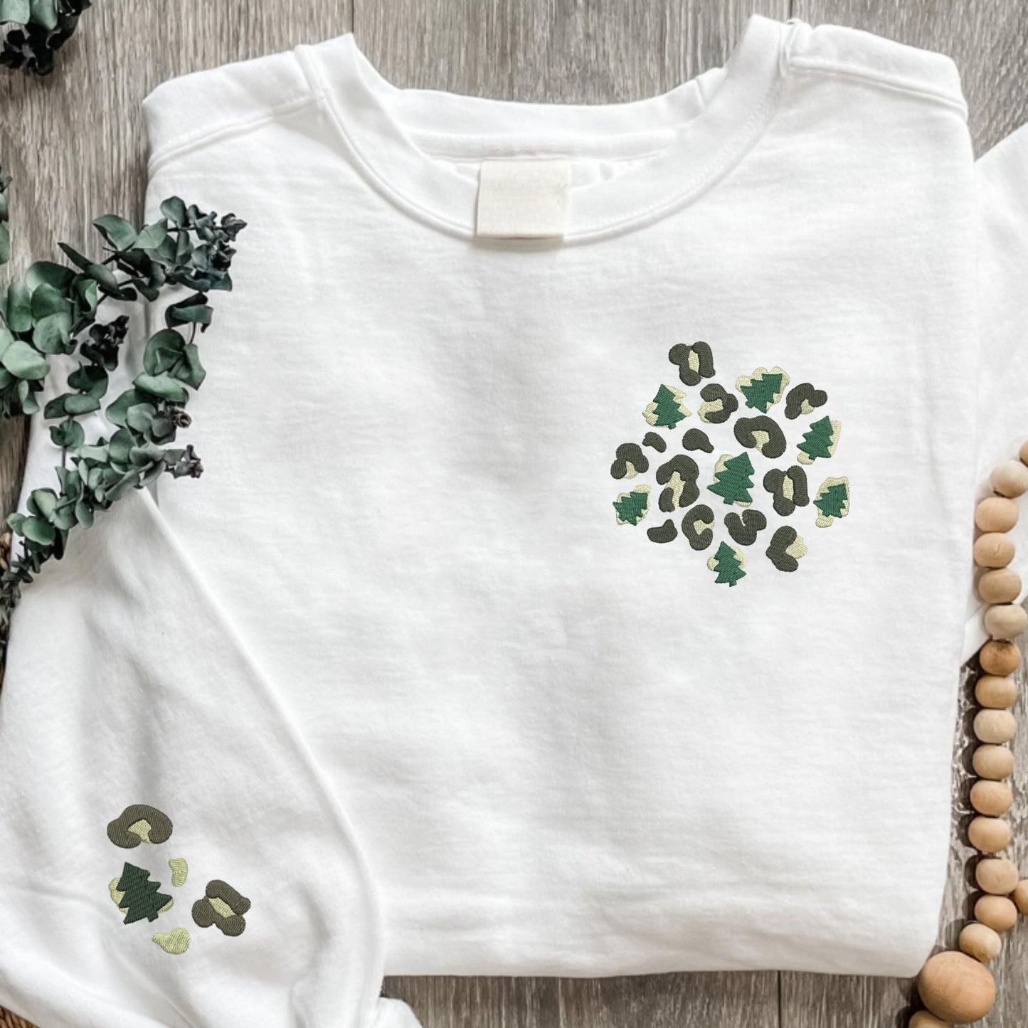 Embroidered Christmas Cheetah Print Crewneck Sweatshirt: Pigment Dyed Tree Leopard Print Pullover