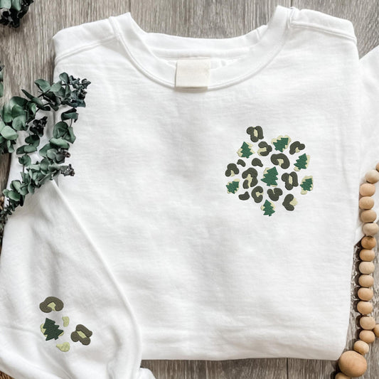 Embroidered Christmas Cheetah Print Crewneck Sweatshirt: Pigment Dyed Tree Leopard Print Pullover