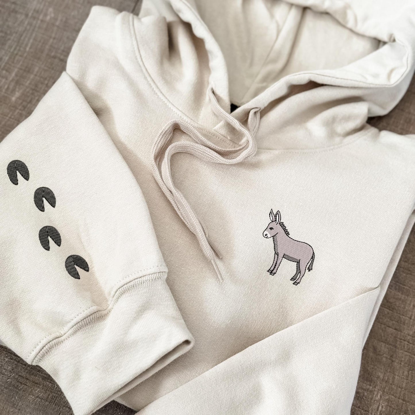 Embroidered Donkey Hoodie: Farm Animal Pullover with Optional Footprints