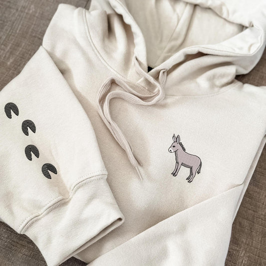 Embroidered Donkey Hoodie: Farm Animal Pullover with Optional Footprints