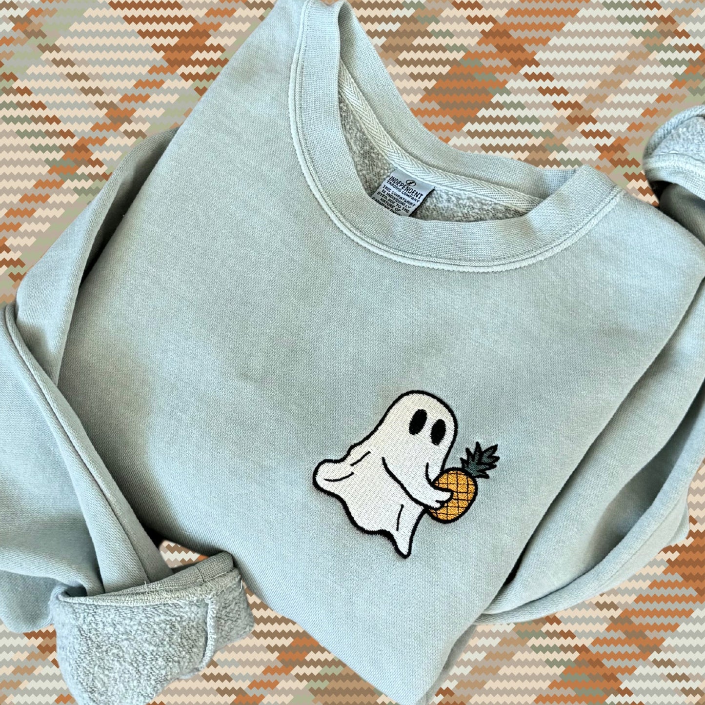 Embroidered Ghost Carrying Pineapple Pigment Dyed Crewneck Sweatshirt