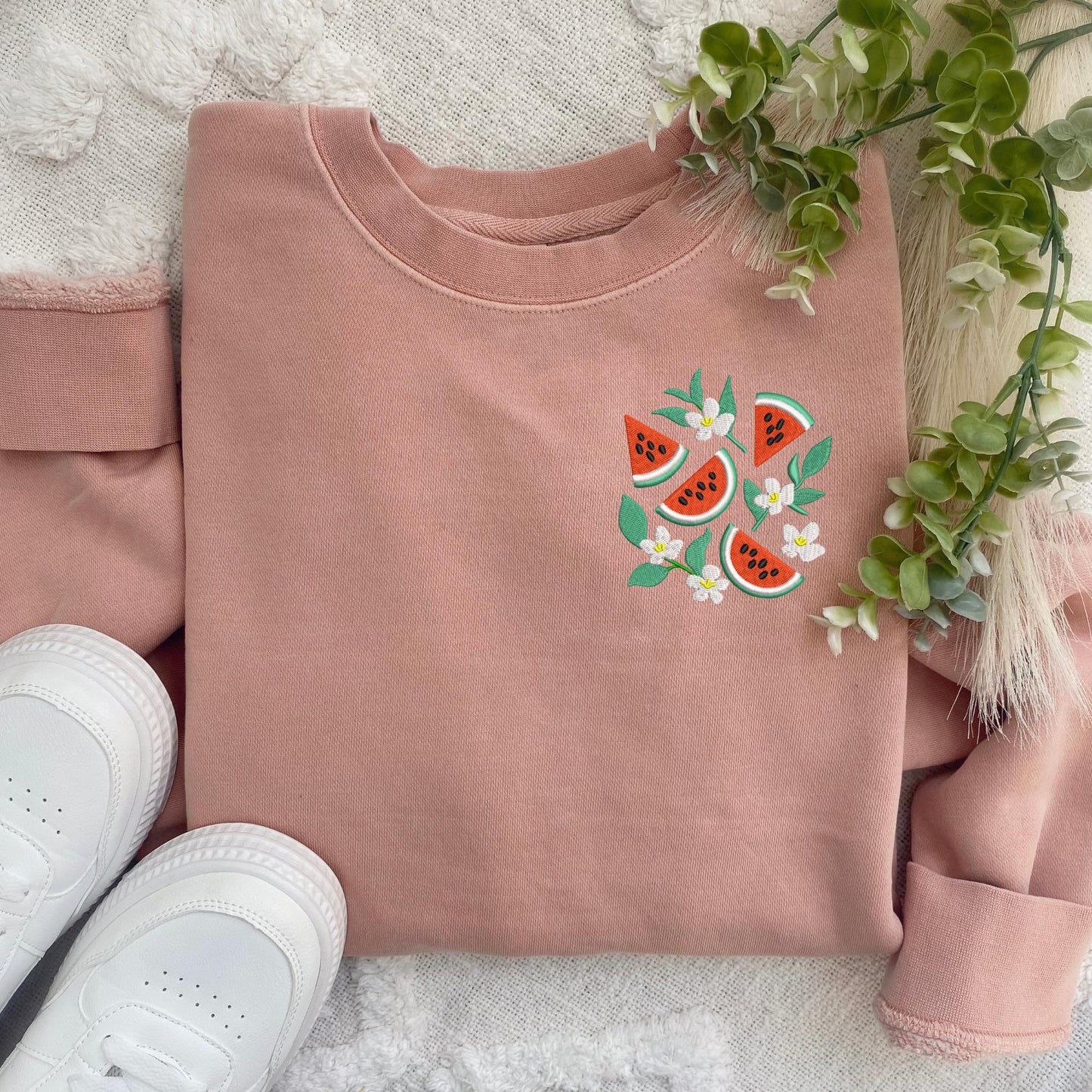 Embroidered Floral Watermelon Sweatshirt: Pigment-Dyed Floral Crewneck
