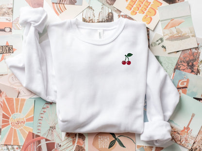 Embroidered Cherry Crewneck Sponge Fleece Sweatshirt, Women’s Mini Stitched Fruit Sweater, Cherry Lover