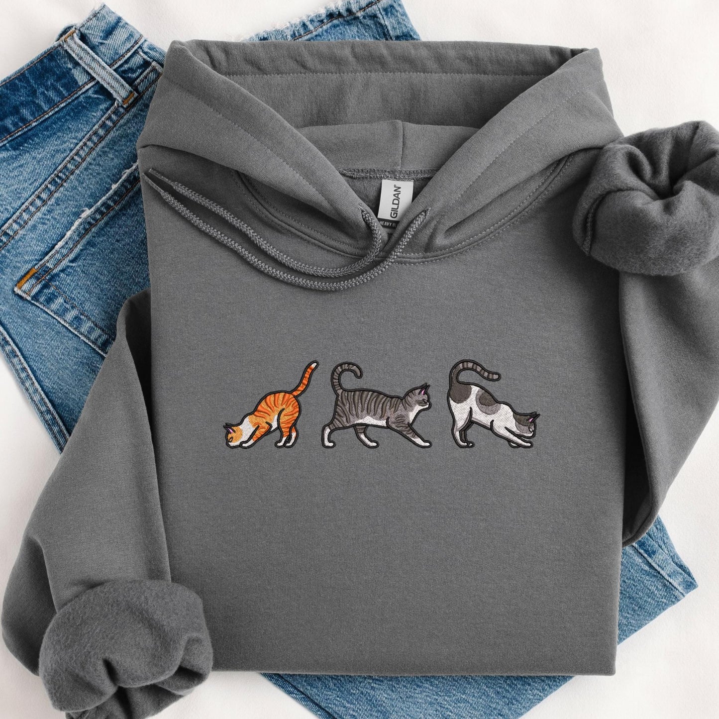 Embroidered Cat Trio Hoodie: Playful Feline Sweatshirt