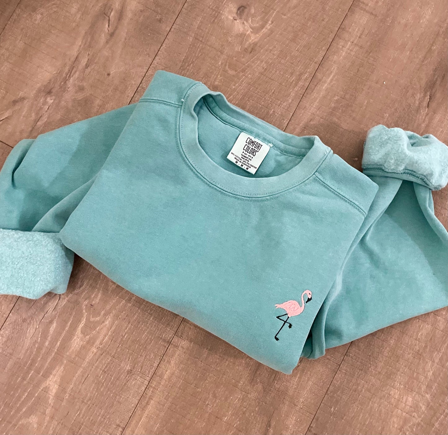 Embroidered Beach Flamingo Pigment Dyed Crewneck Sweatshirt