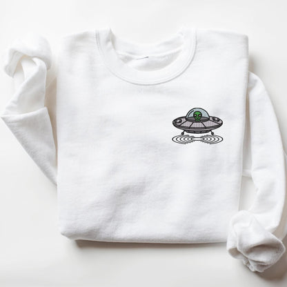 Embroidered Alien Sweatshirt: UFO Spaceship Crewneck Pullover