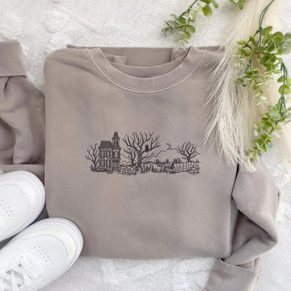 Embroidered Haunted House Crewneck Sweatshirt: Pigment-Dyed Spooky Mansion Pullover