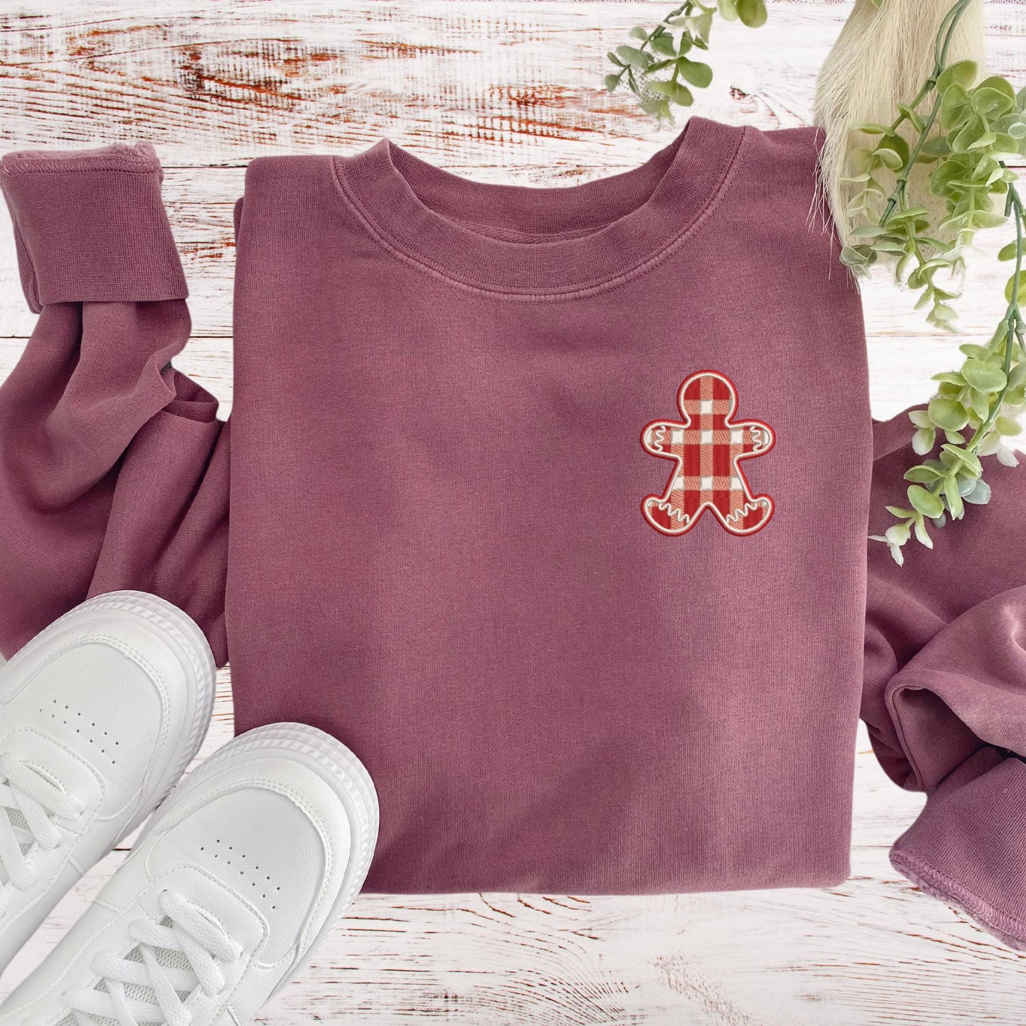 Embroidered Plaid Gingerbread Cookie Pigment Dyed Crewneck Sweatshirt