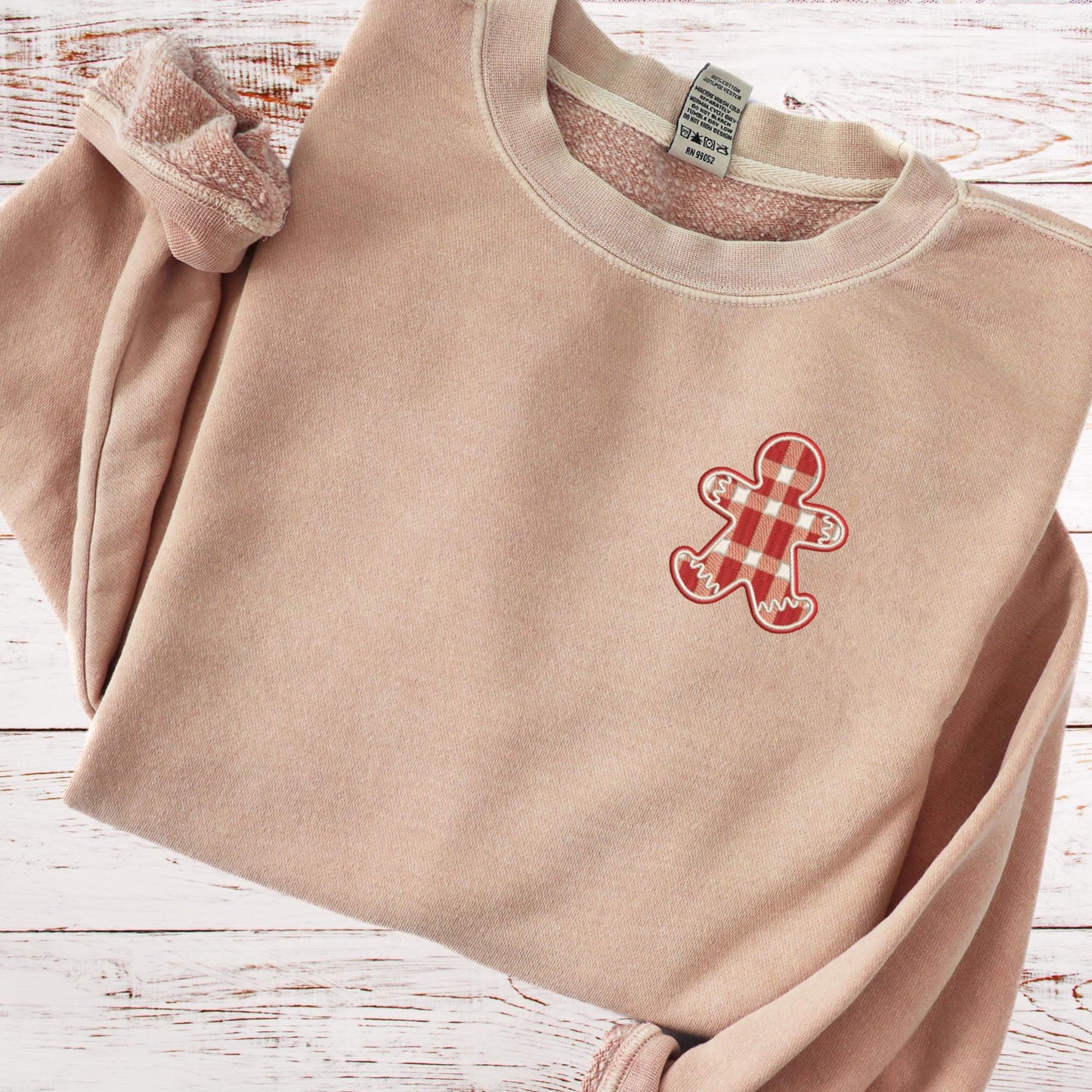 Embroidered Plaid Gingerbread Cookie Pigment Dyed Crewneck Sweatshirt