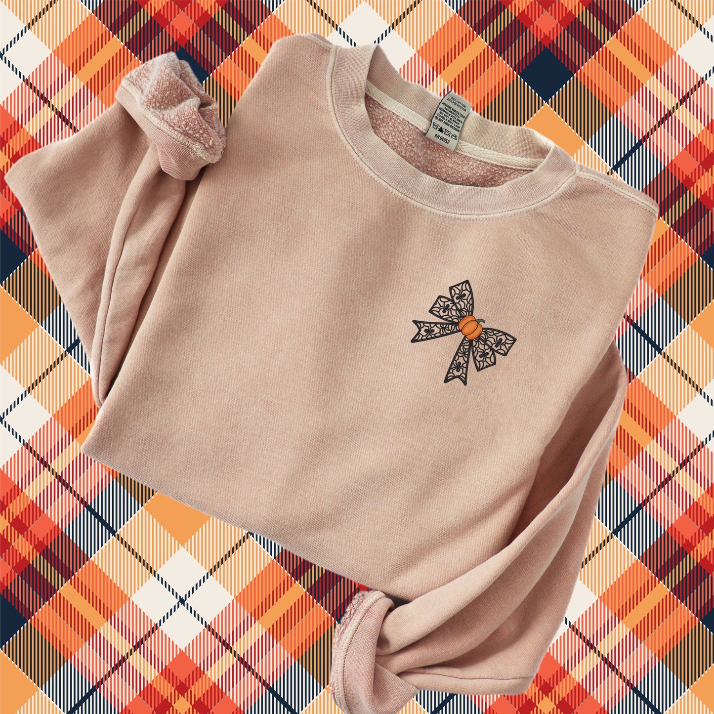Halloween Coquette Sweatshirt: Embroidered Lacey Spider Bow & Pumpkin - Pigment Dyed