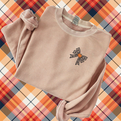 Halloween Coquette Sweatshirt: Embroidered Lacey Spider Bow & Pumpkin - Pigment Dyed