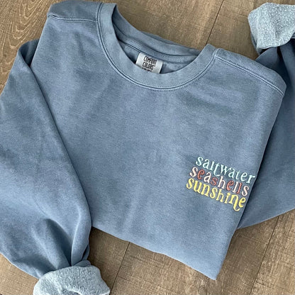 Embroidered Crewneck Sweatshirt: Saltwater, Seashells, Sunshine - Beach Apparel
