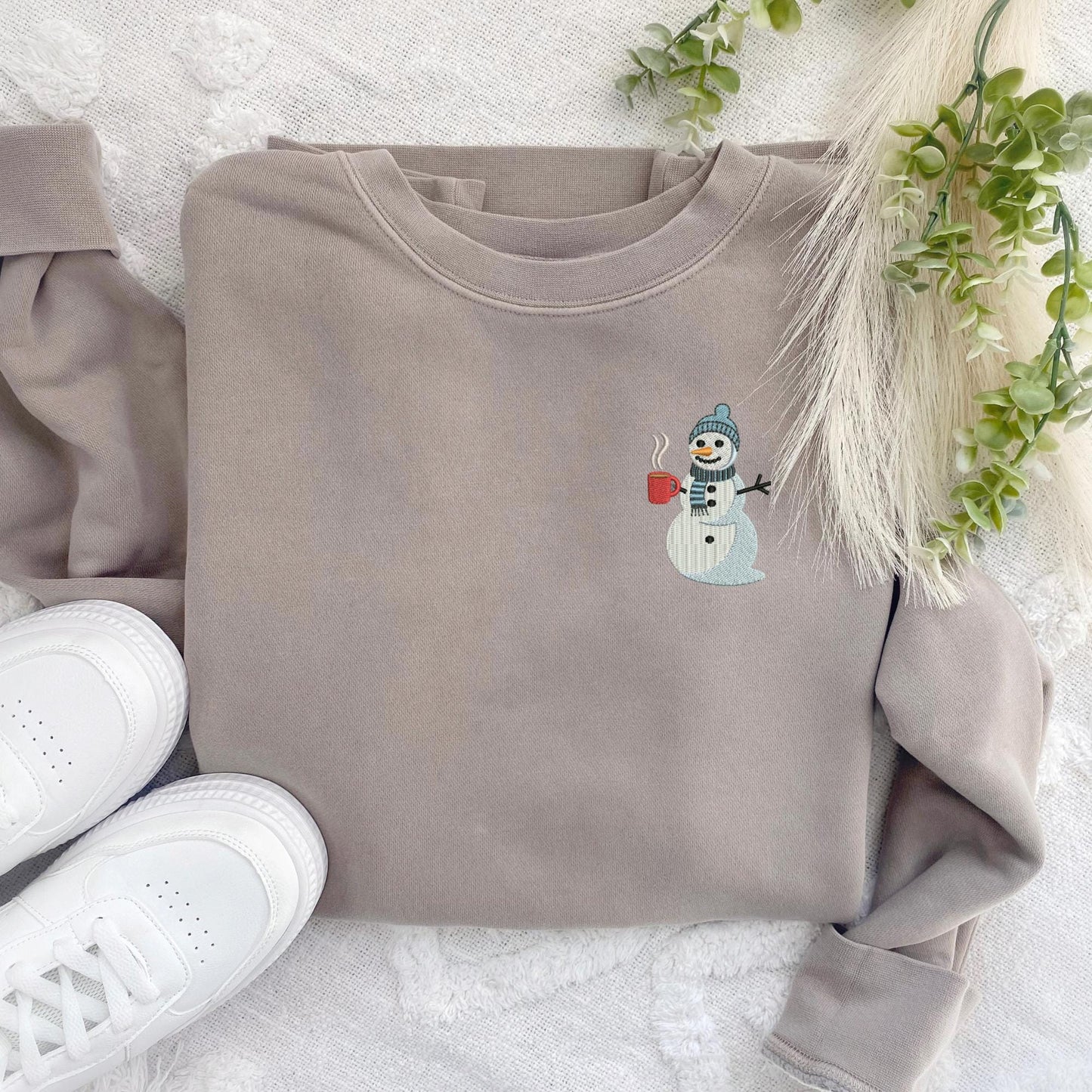 Embroidered Coffee Drinking Snowman Crewneck Sweatshirt: Trendy High Quality Pigment Dyed Pullover