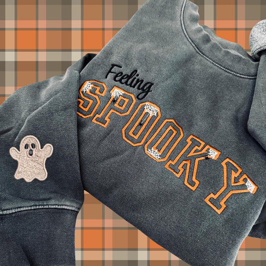 Embroidered Feeling Spooky Pigment Dyed Halloween Crewneck Sweatshirt: Choose Cat or Ghost Sleeve Design