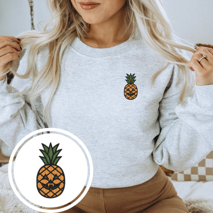 Embroidered Pineapple Jack O' Lantern Face Crewneck Sweatshirt: Spooky Halloween Pullover