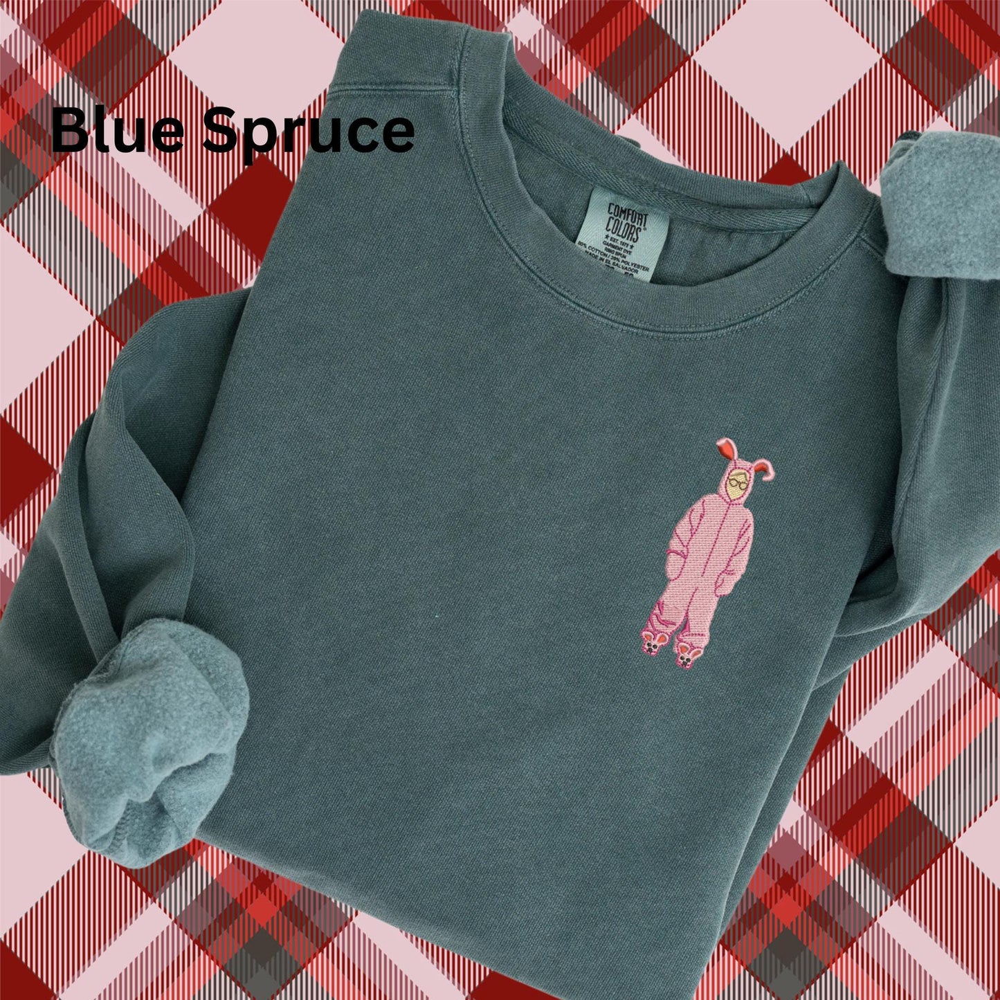 Embroidered Christmas Story Pigment Dyed Crewneck Sweatshirt: A Christmas Story Ralphie in Pink Bunny Costume