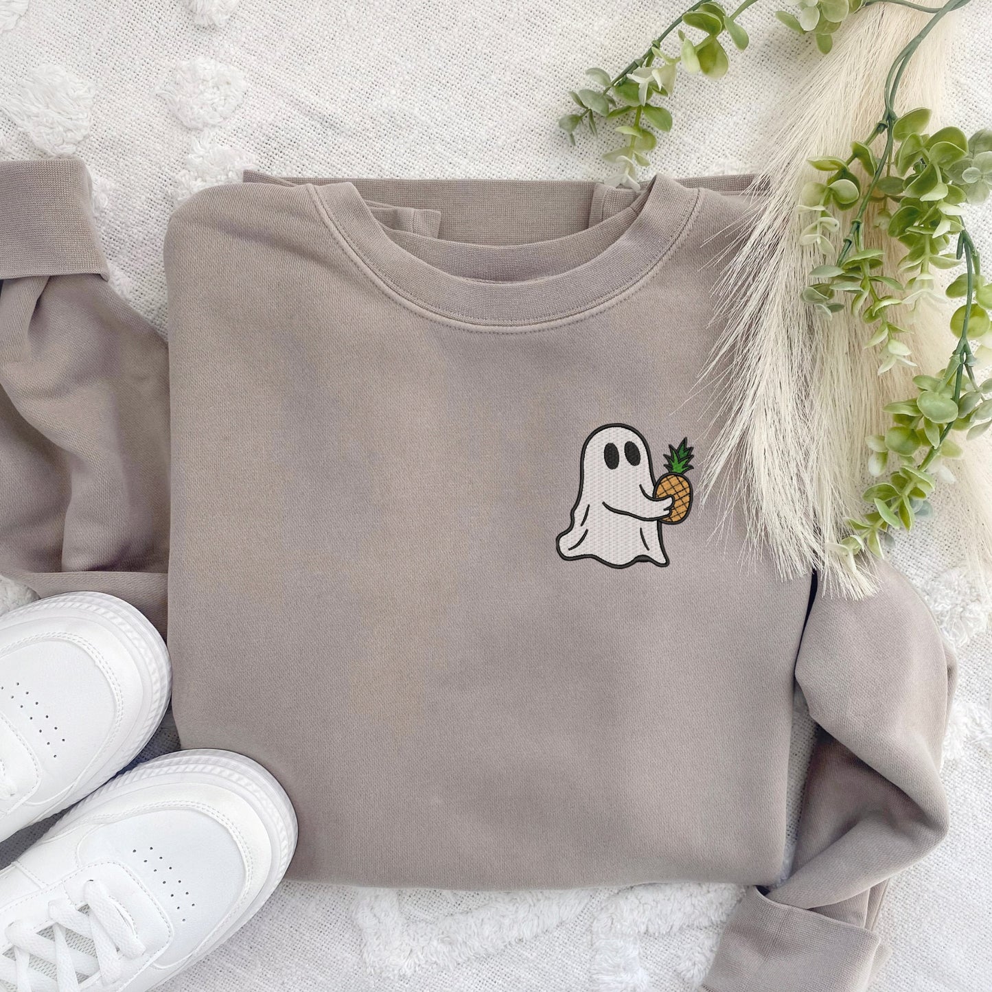Embroidered Ghost Carrying Pineapple Pigment Dyed Crewneck Sweatshirt