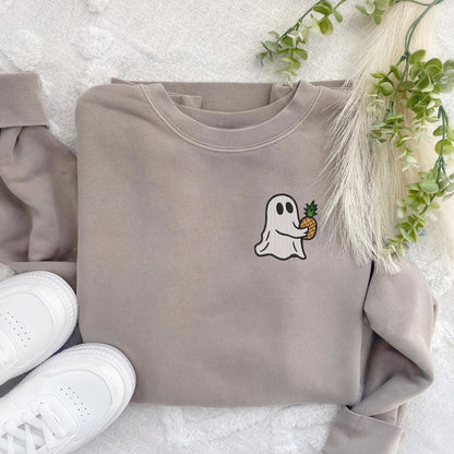Embroidered Ghost Carrying Pineapple Pigment Dyed Crewneck Sweatshirt